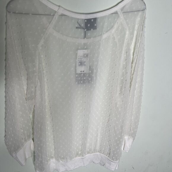Bobeau Blouse Women Raised Polka Dot  Medium  Ivory Sheer Long Sleeve Crew Neck - Picture 9 of 11